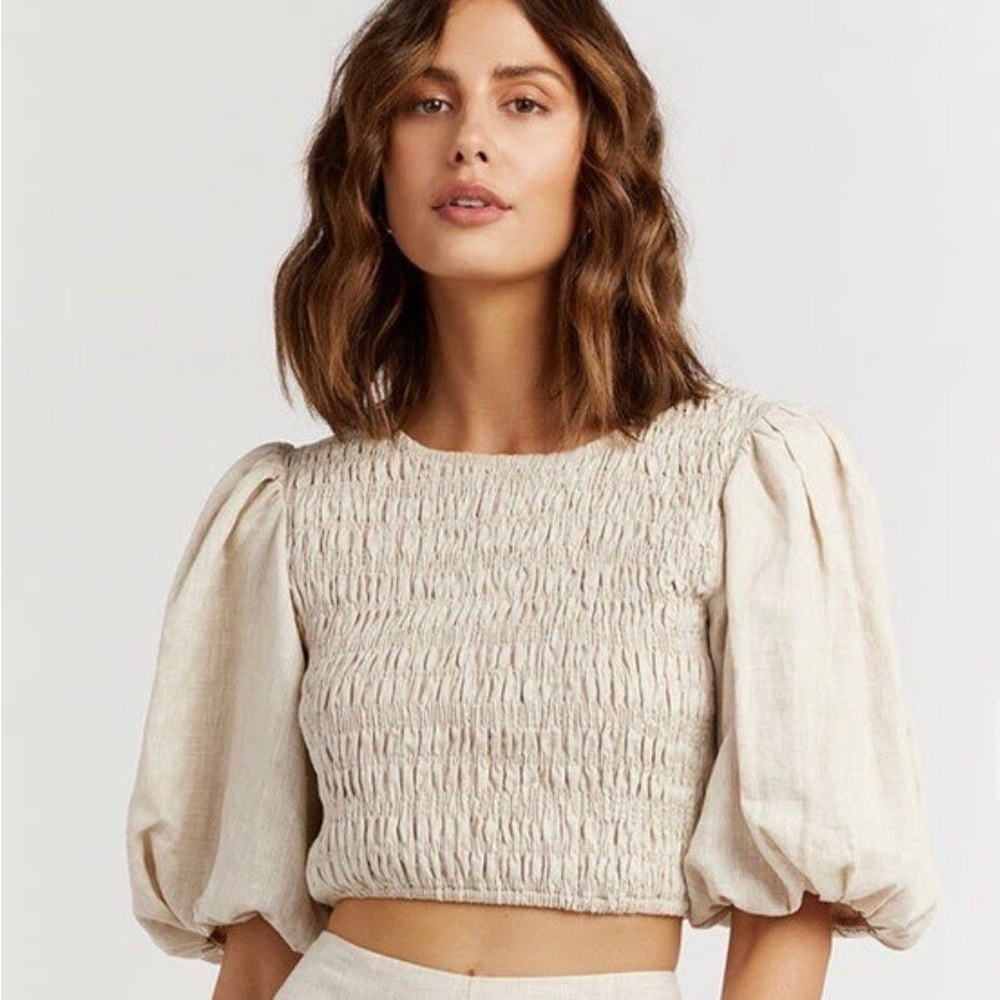 Dissh Frankie Natural Linen Shirred Top- US Size 2- NWT
